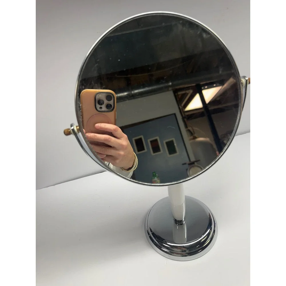 Vintage Chrome Swivel Vanity Mirror Double Sided Magnifying White Ceramic Stem